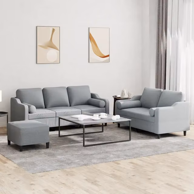Set di divani vidaXL da soggiorno in tessuto grigio con cuscini, composto da divano a 3 posti, divano a 2 posti e pouf – 1