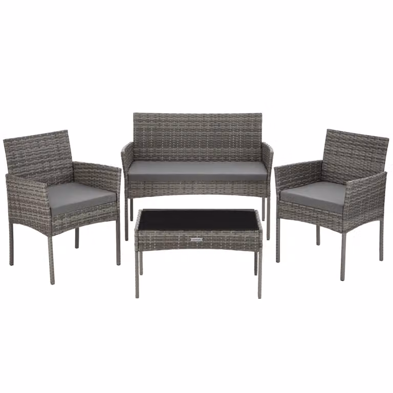 Set da giardino moderno Tectake in rattan grigio con divano a 2 posti, poltrona lounge e tavolino da esterno, completo di cuscini imbottiti e coperture rimovibili