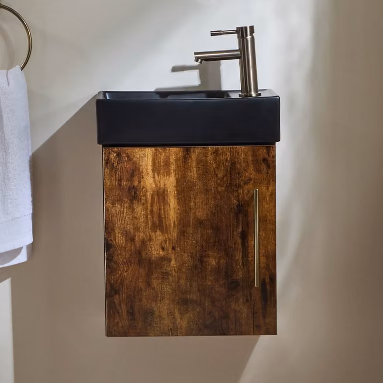 Mobile Bagno Rovere Scuro Sospeso da 400mm con Lavabo Nero e Maniglia con Barra a T in Ottone Spazzolato - Cluo