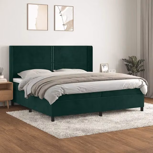 Letto Ibrido vidaXL con Giroletto a Molle e Materasso in Velluto Verde Scuro e Bianco, Struttura in Legno di Larice, L/P/H: 203 x 203 x 128 cm – 1
