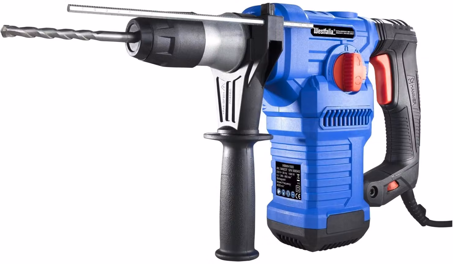 Martello perforatore e burinatore WBMH1500 SDS-Plus, foratura legno 40 mm, acciaio 13 mm, cemento 32 mm, cavo 2 m