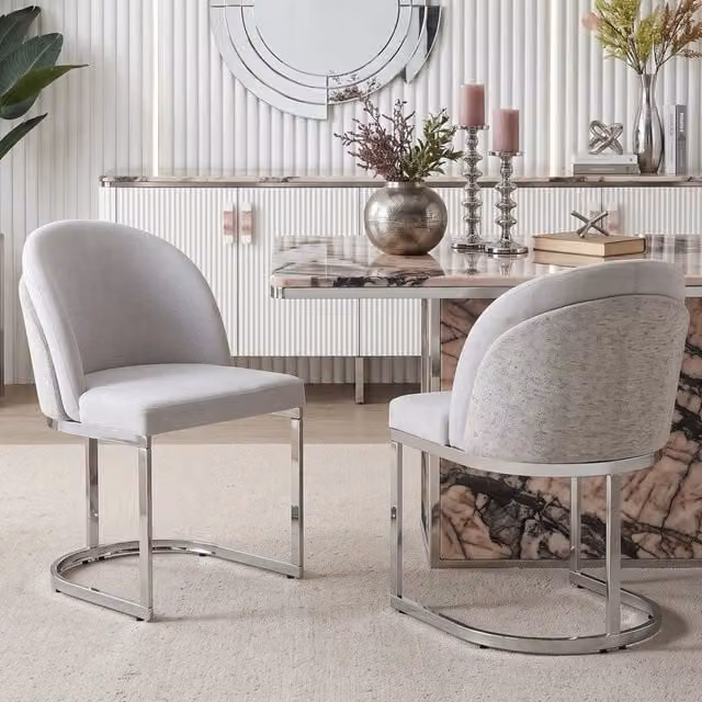 Set di 2 sedie da pranzo moderne REDOM in tessuto chenille grigio e argento con struttura in metallo lucido