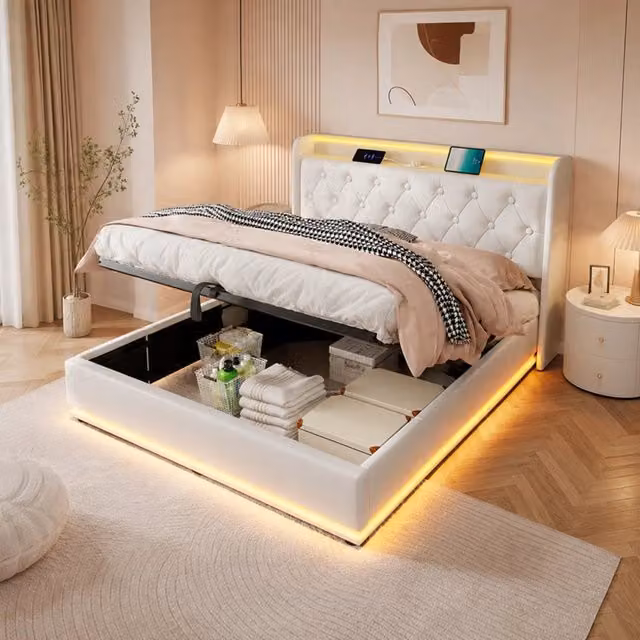 Letto contenitore 140x200 cm; matrimoniale con contenitore idraulico; LED 360°; USB e Type-C; APP e telecomando; PU; bianco