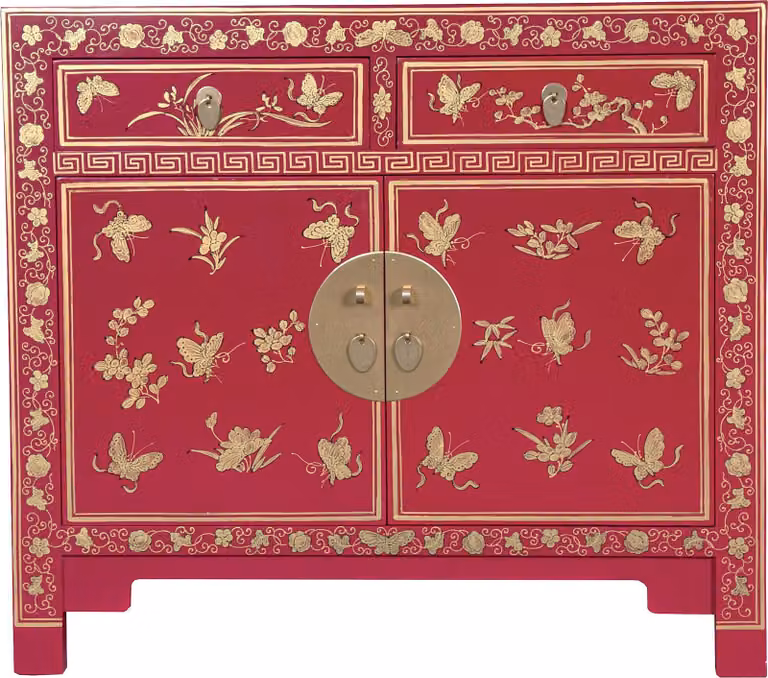 Fine Asianliving Armadio cinese Fuchsia Royale Farfalle Dipinto a mano - Collezione Orientique L90xP40xH80cm Armadio cinese Armadio cinese da matrimonio Mobili orientali Mobili asiatici