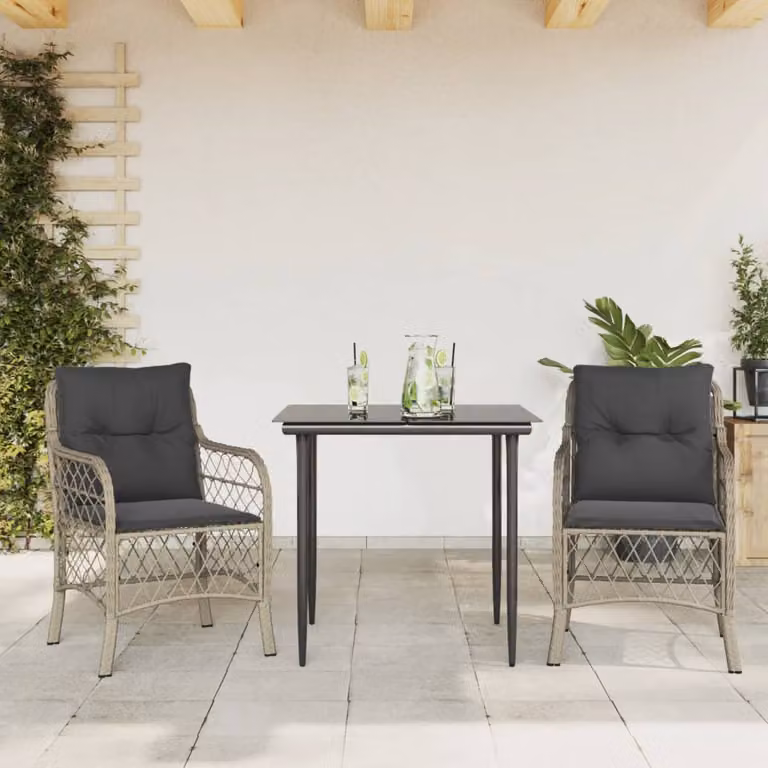Set da Bistrò 3 pz vidaXL in Polyrattan con Piano in Vetro e Cuscini Grigio Chiaro per Giardino e Terrazzo