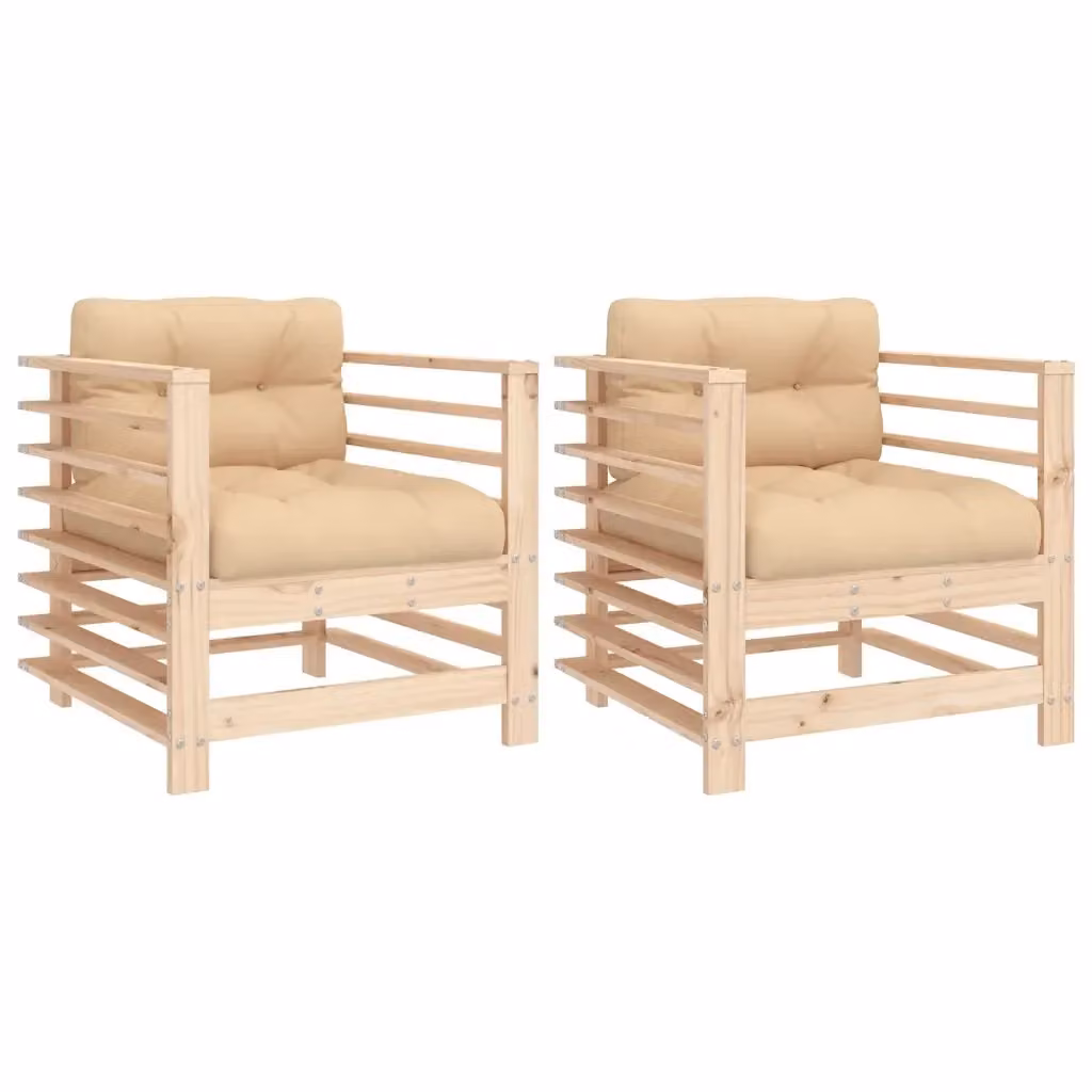 Set di 2 sedie da giardino vidaXL in legno di pino con cuscini beige e braccioli, stile rustico – 2