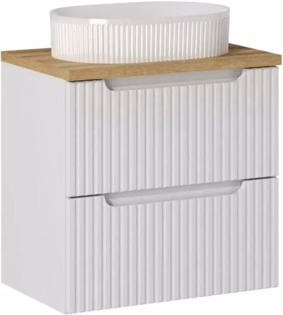 Set VANO bianco 60cm: mobile sotto lavabo con cassetti + piano per lavabo in rovere chiaro + lavabo da appoggio bianco scanalato