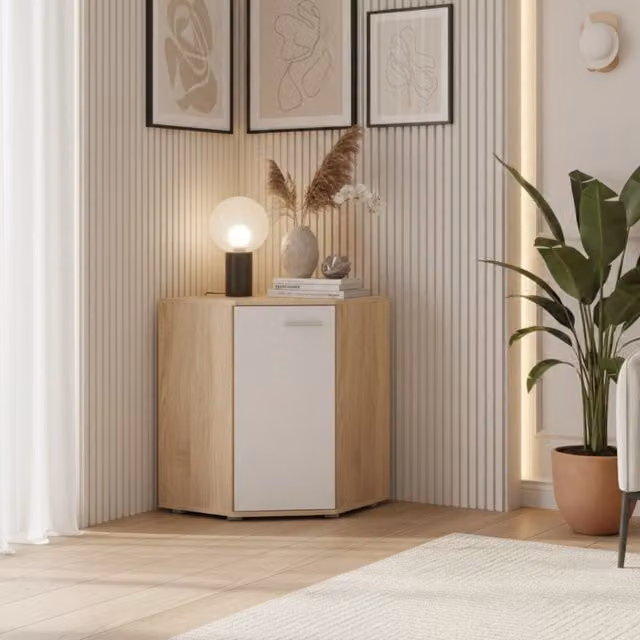 Commoda Komodee in stile scandinavo, Rovere e Bianco, L: 138 cm, H: 74 cm, P: 34 cm