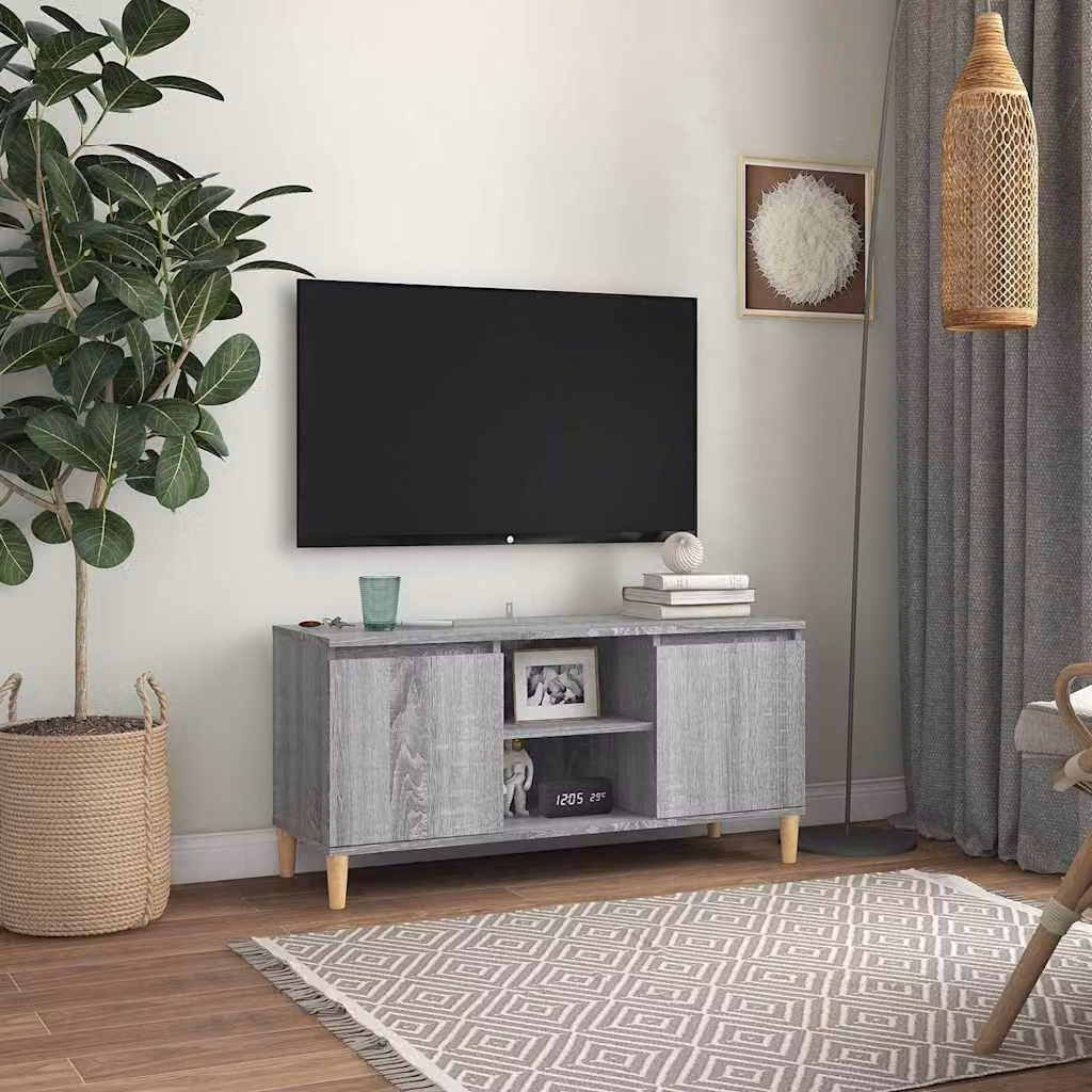 Mobile TV vidaXL in stile scandinavo con gambe in legno massello, colore Grigio Sonoma, L: 103,5 cm, P: 35 cm, H: 50 cm