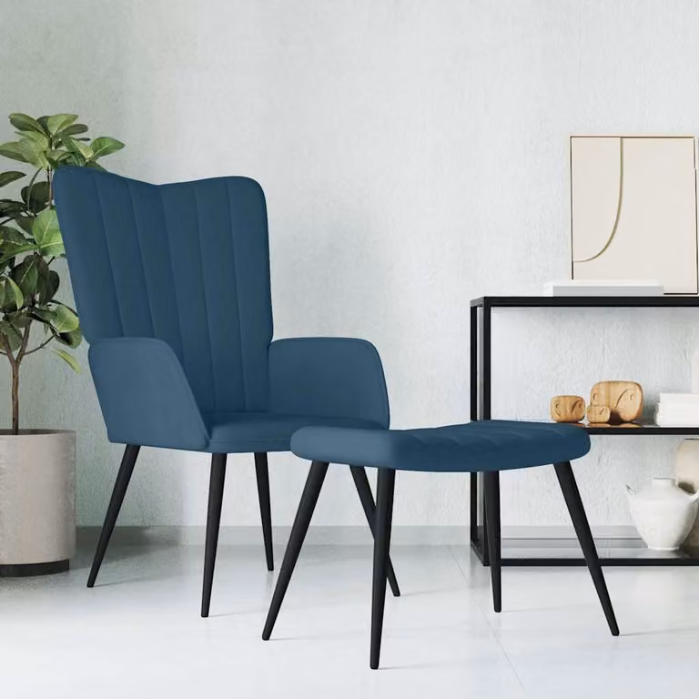 vidaXL Poltrona Relax con Sgabello Blu in Velluto con Braccioli e Struttura in Metallo