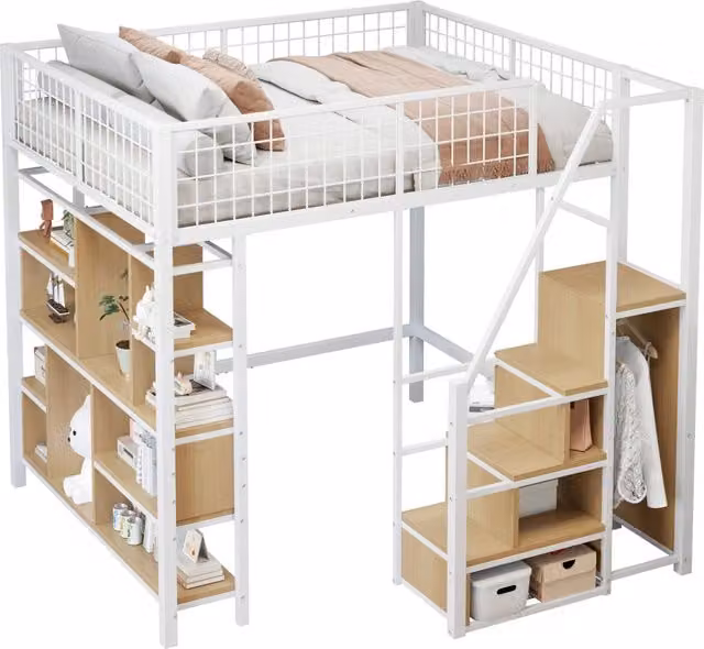 Letto a soppalco REDOM in metallo e legno bianco con scala contenitore e scomparti laterali L/P/H: 204 x 140 x 193 cm