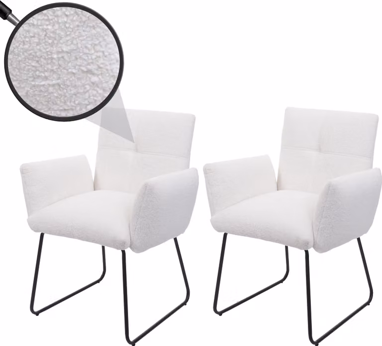 Set di 2 sedie da pranzo HWC-K34, sedia per cucina, sedia imbottita con braccioli, tessuto/tessuto bouclé, metallo MVG, colore bianco