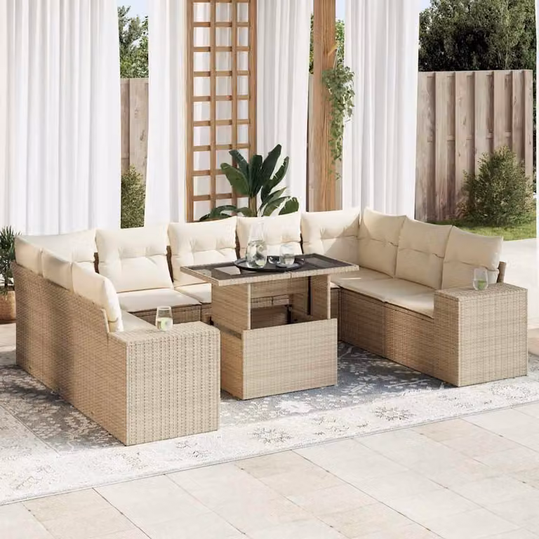Set Divano da Giardino vidaXL 10 pz in Polyrattan Beige con Cuscini e Tavolino da Esterno