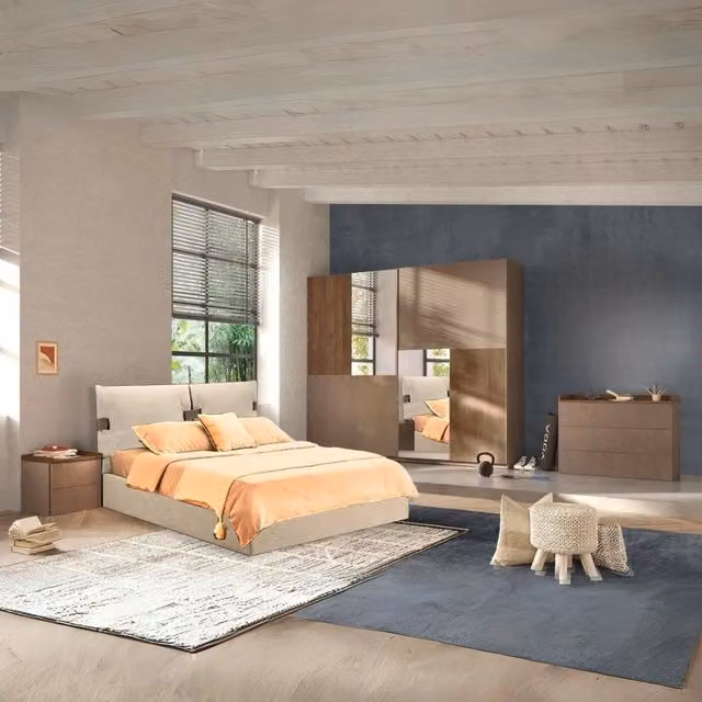 Completa camera da letto Quinn con letto contenitore imbottito e armadio, colore bronzo e noce mercure