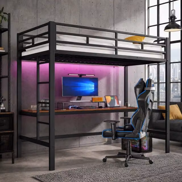 Letto a soppalco singolo MIVRAY con scrivania, luci LED e porte USB/Tipo-C, struttura in metallo e MDF nero opaco, L/P/H: 200 x 90 x 183 cm – 1