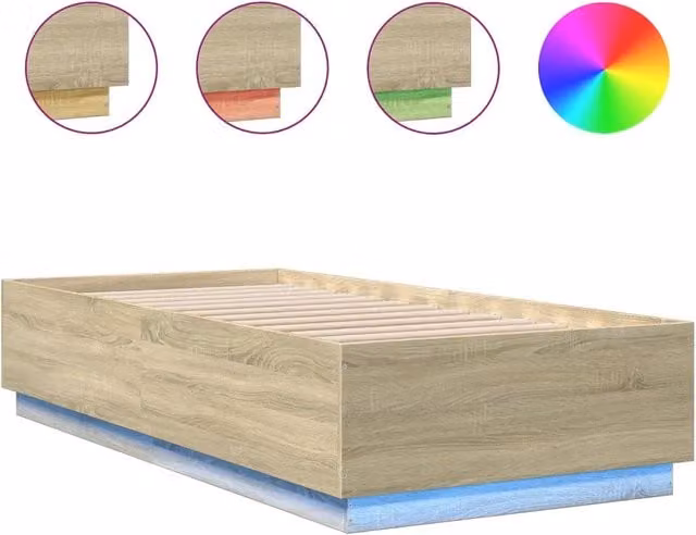 Letto singolo moderno in legno Rovere Sonoma con luci LED sottostante e porta USB, L/P/H: 100 x 200 x 40 cm