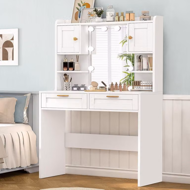 Comò da trucco con illuminazione, specchio HD, 2 cassetti, 2 ante, bianco