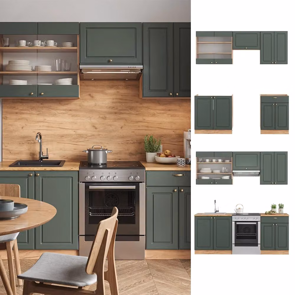 Cucina componibile Fame-Line Vicco in Rovere dorato e Verde-oro, stile country house, L: 200 cm, P: 60 cm, H: 81,6 cm – 2