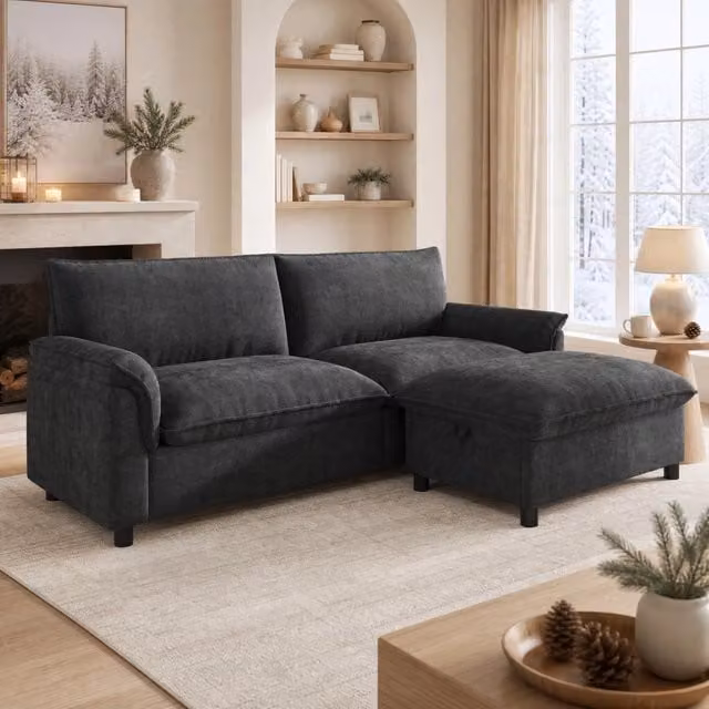 Divano Mivray grigio con pouf contenitore e funzione letto, L: 216 cm, P: 82 cm, H: 77 cm