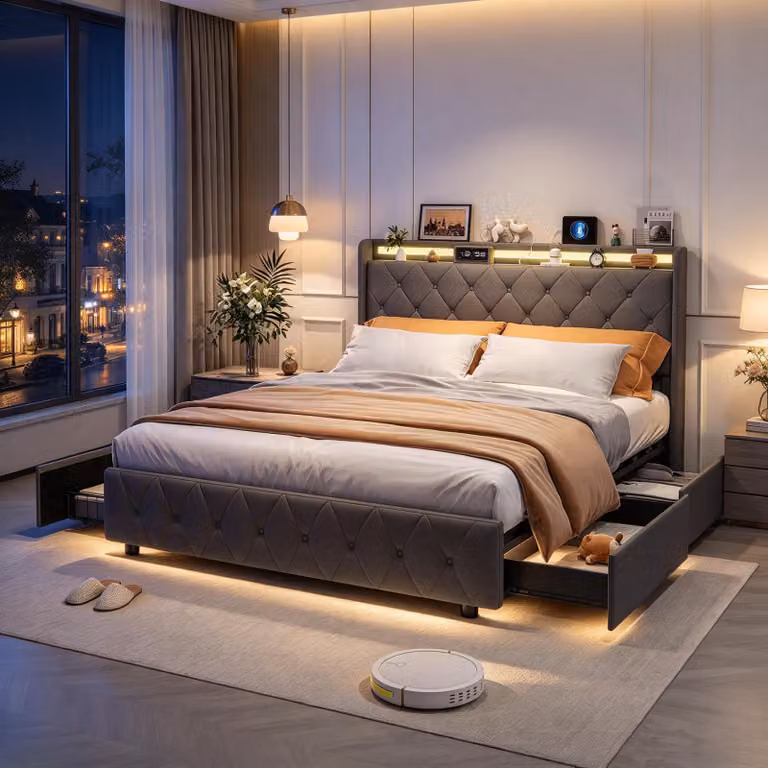 Letto matrimoniale con boxspring, imbottito, 140x200 cm, con LED e porte USB/C, dotato di 4 cassetti e rete a doghe, struttura letto con testiera contenitore, rivestito in velluto grigio