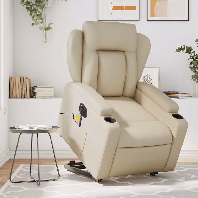 Poltrona Alzapersona Elettrica Reclinabile vidaXL in Similpelle Beige con Braccioli per Senior