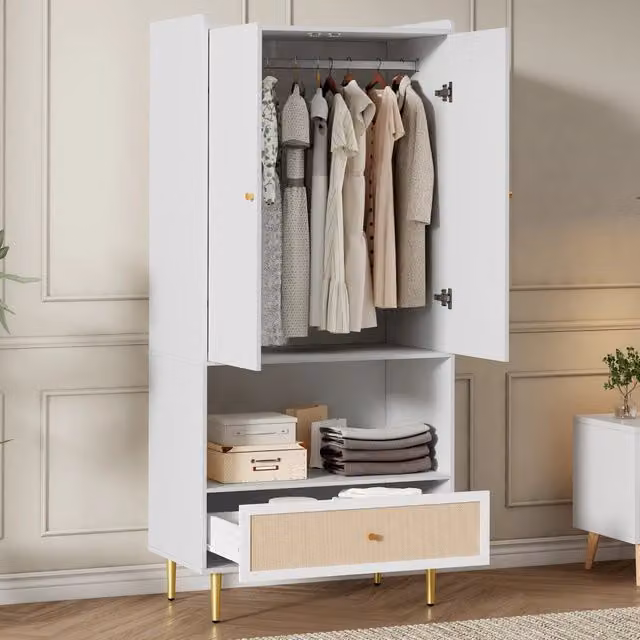 Armadio WISHDOR a 2 ante con effetto rattan, cassetto, barra appendiabiti e ripiano aperto, colore bianco e beige, L: 80 cm, P: 48 cm, H: 175 cm