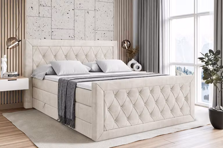 Letto boxspring ALTDECOR con materasso e rete a doghe, topper, pediera, letto imbottito con contenitore, letto con vano portaoggetti, materassi H3 e H4, letto matrimoniale, letto boxspring - NOEL-Z KING - 200x200 - Velluto beige