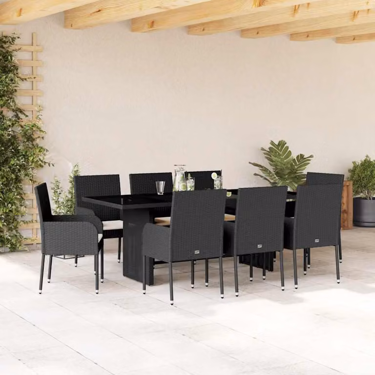 Set da pranzo da giardino vidaXL in polyrattan nero con cuscini e piano in vetro, 9 pezzi