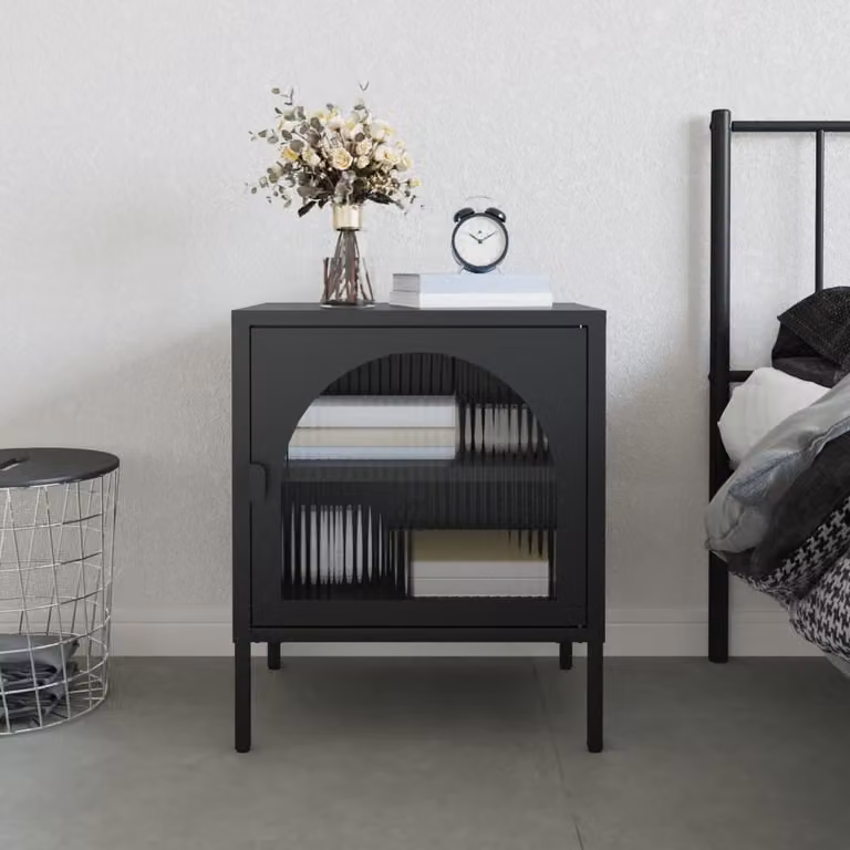 Comodino moderno vidaXL in vetro e metallo nero L 50 cm x P 35 cm x H 60 cm