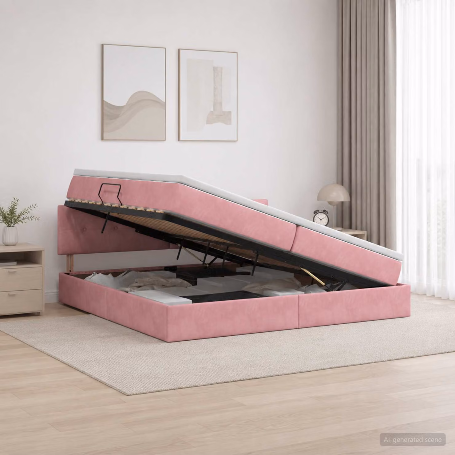 Letto con contenitore e testiera vidaXL in velluto rosa, L/P/H: 200 x 200 x 88 cm