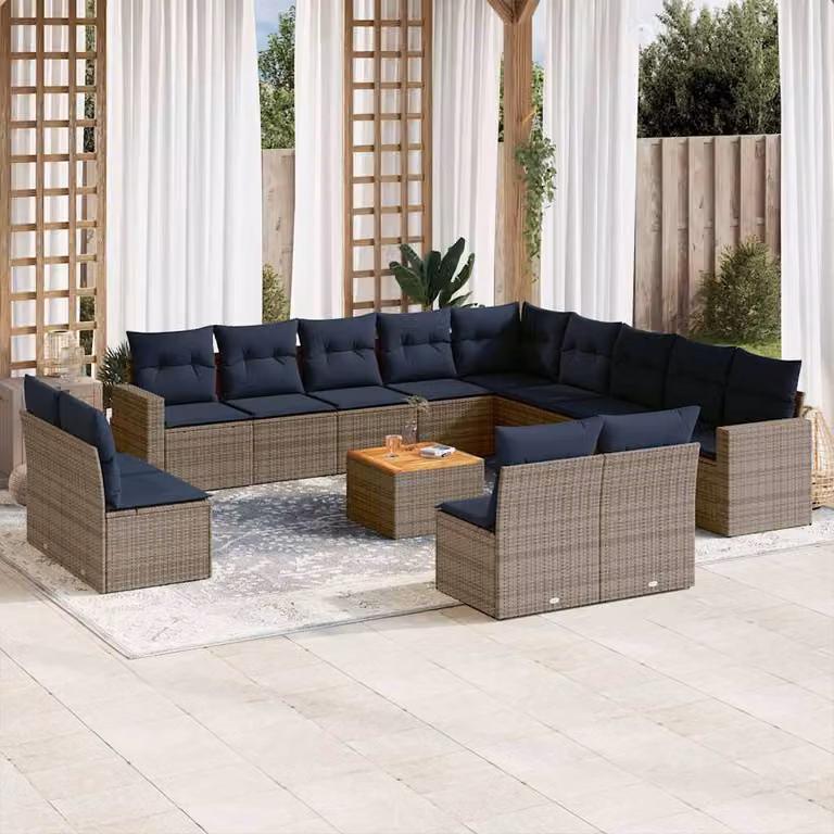 vidaXL Set Divani da Giardino a Forma di U in Polyrattan Grigio con Cuscini e Tavolino da Esterno