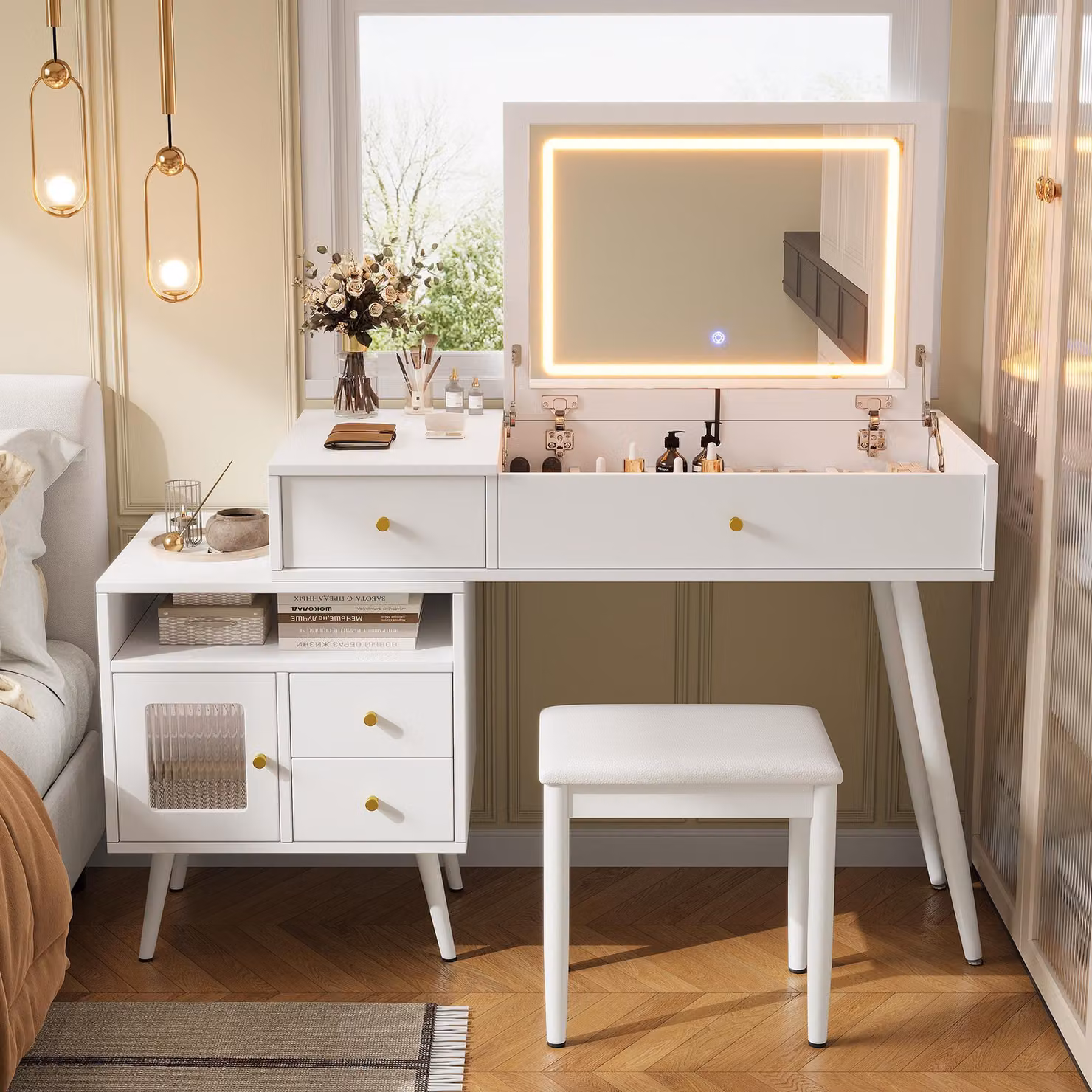 Merax: toletta con specchio ribaltabile a LED con 3 tonalità di luce, toletta 2 in 1, scrivania con sgabello, 3 cassetti, comò da trucco, bianco