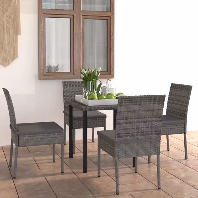 Set da pranzo da giardino moderno vidaXL in polyrattan grigio e nero con tavolo in vetro e 5 sedie