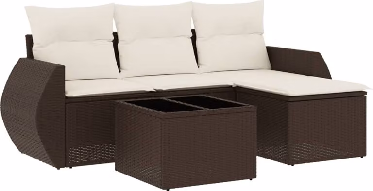 Set Divano da Giardino 5 pz con Cuscini Marrone in Polyrattan