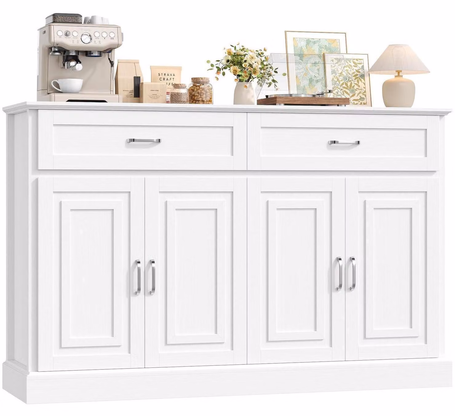 Credenza da 140 cm con 2 cassetti e 4 ante, colore bianco, dimensioni 140x39,5x92,2 cm