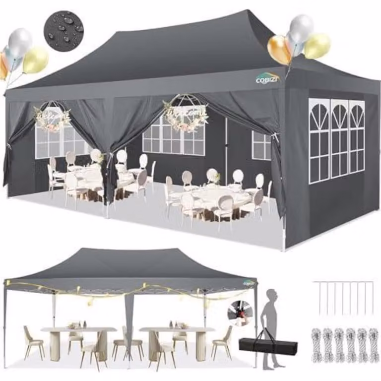 Tenda da esterno 3x6 metri, impermeabile, con 6 pannelli laterali grigi, tenda pop-up per feste, con protezione UV