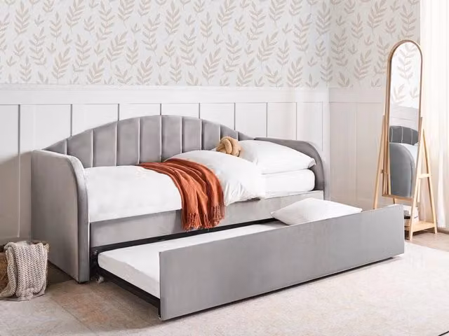 Letto estraibile Beliani in velluto grigio con struttura imbottita e cassetti, L/P/H: 90 x 200 x 59 cm – 1