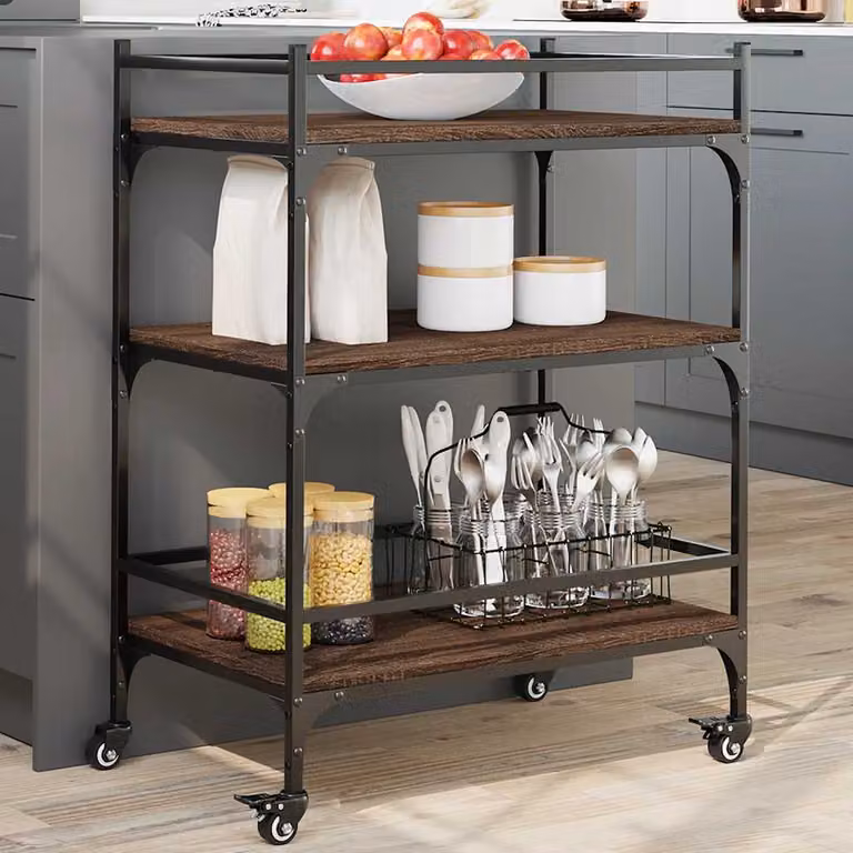 Carrello da cucina vidaXL in legno e metallo stile industriale, colore rovere marrone, L 65 cm x P 40 cm x H 86,5 cm