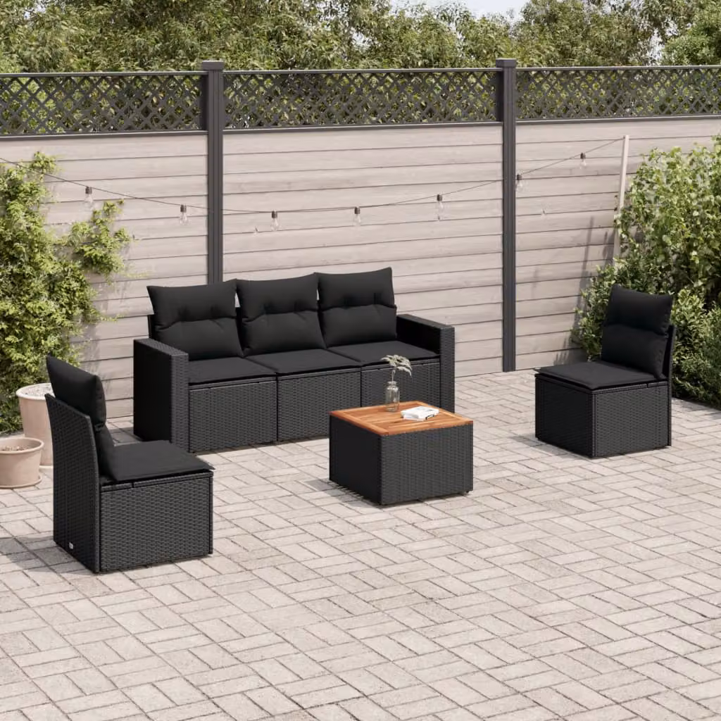 vidaXL Set Divano da Giardino 6 pz in Polyrattan Nero con Cuscini e Tavolino da Caffè – 1