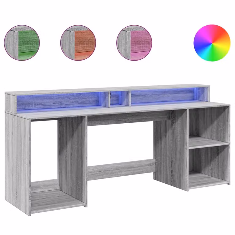 Scrivania con Luci LED Grigio Sonoma 200x55x91cm in Truciolato