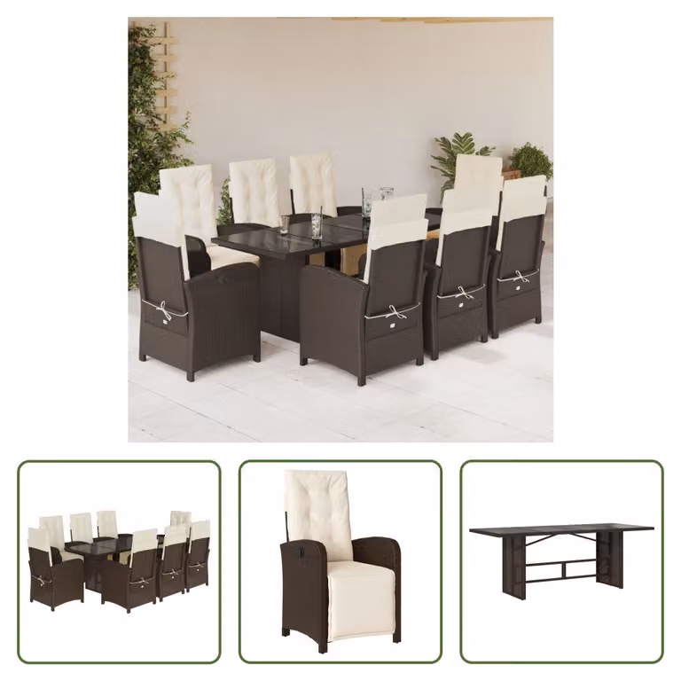 The Living Store Set da pranzo da giardino 9 pezzi con cuscini in polirattan marrone