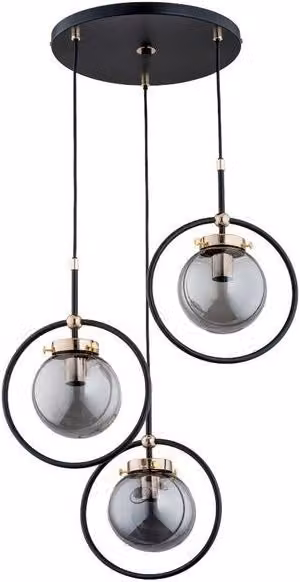 Lampada a sospensione industriale Akira Alfa in metallo nero e oro con vetro trasparente, Ø 40 cm, 3xE14