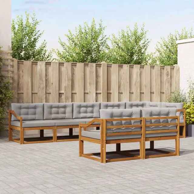 Set di divani da esterno a L vidaXL in legno di acacia con cuscini beige e grigi – 1