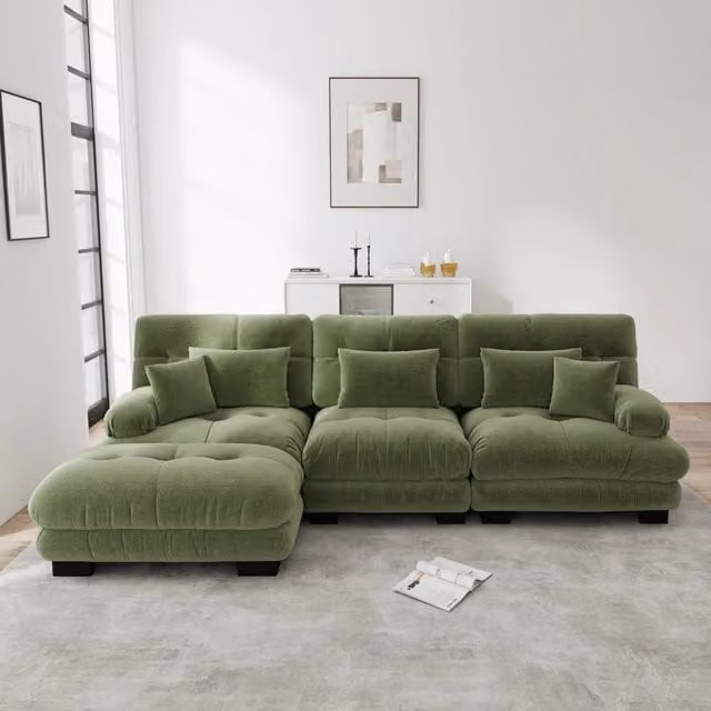 Divano modulare con ottomane mobili in ciniglia verde; 313 x 145 x 81 cm