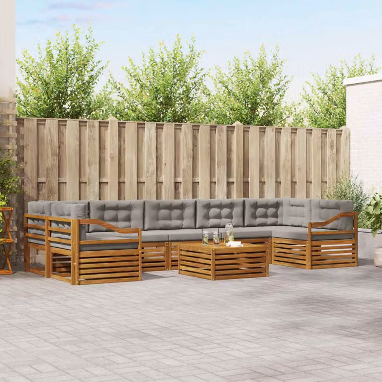 Set di divani da esterno vidaXL a forma di U composto da 8 pezzi in legno di acacia con cuscini inclusi e tavolino, colore grigio
