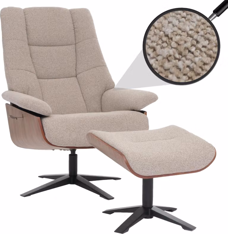 MCA recliner + sgabello HWC-N57, poltrona reclinabile, tessuto bouclé legno ~ marrone