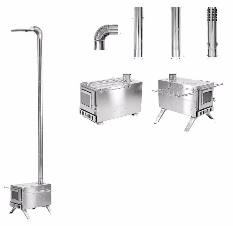 Stufa a legna, design portatile, riscaldamento efficiente, colore argento