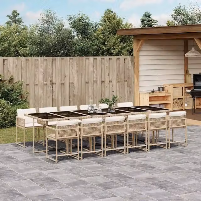 Set da pranzo da giardino vidaXL in polyrattan con cuscini beige e piano in vetro, 13 pezzi – 1