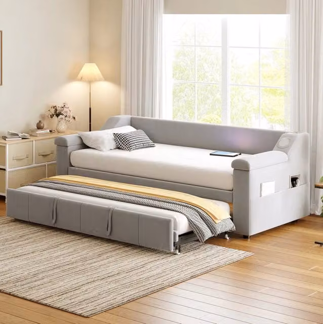 Divano letto 90x190 cm estendibile con Bluetooth; USB e vani portaoggetti in velluto grigio