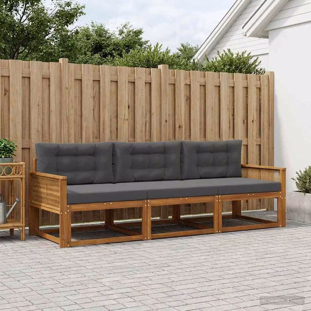 vidaXL Set di divani da esterno 3 pezzi in legno di acacia con cuscini, Marrone e Antracite